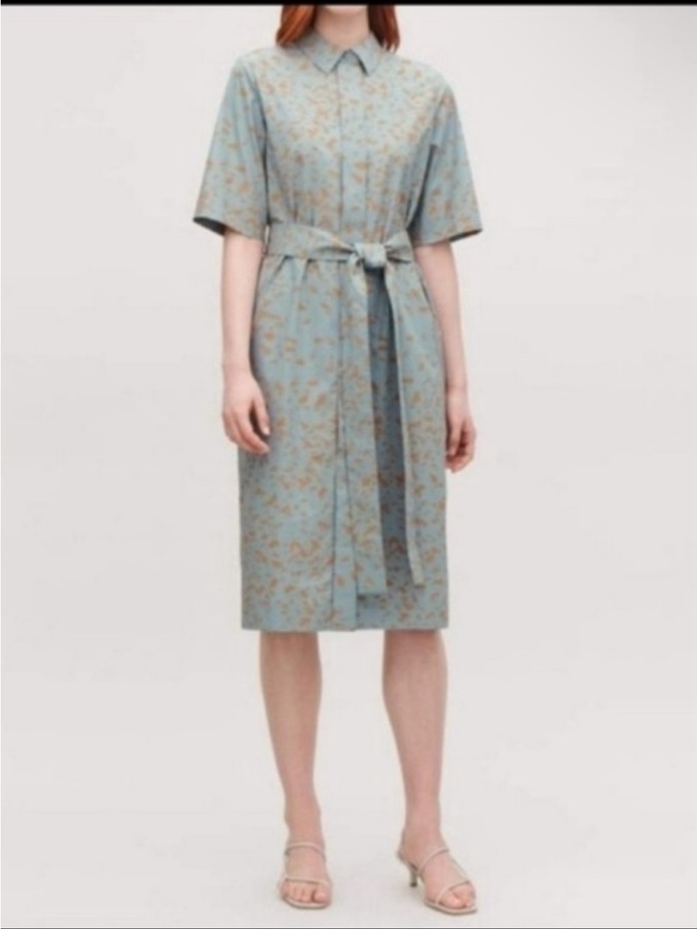 COS Light Blue and Tan Floral Print Shirt Dress with Waist Tie